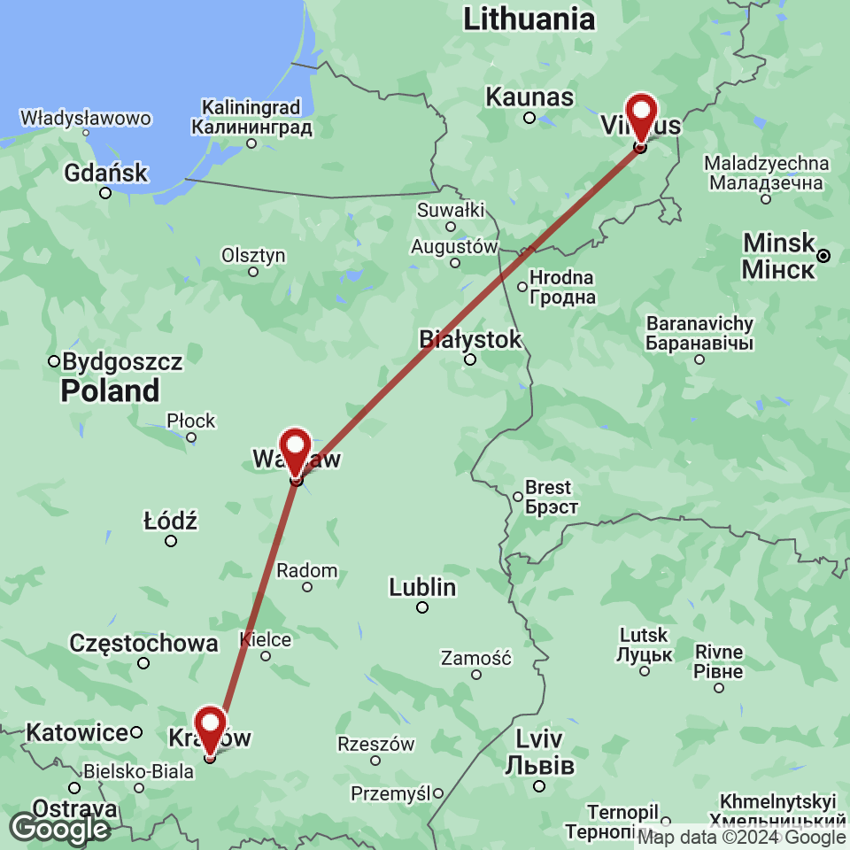 Route for Krakow, Warsaw, Vilnius tour